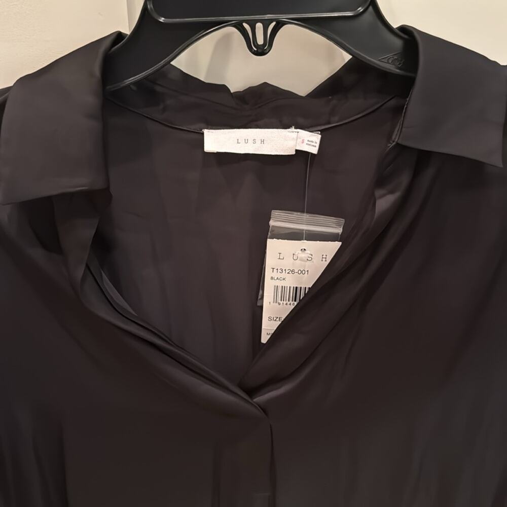 NWT Lush Satin Henley Shirt Blouse Black Size S - Picture 3 of 6